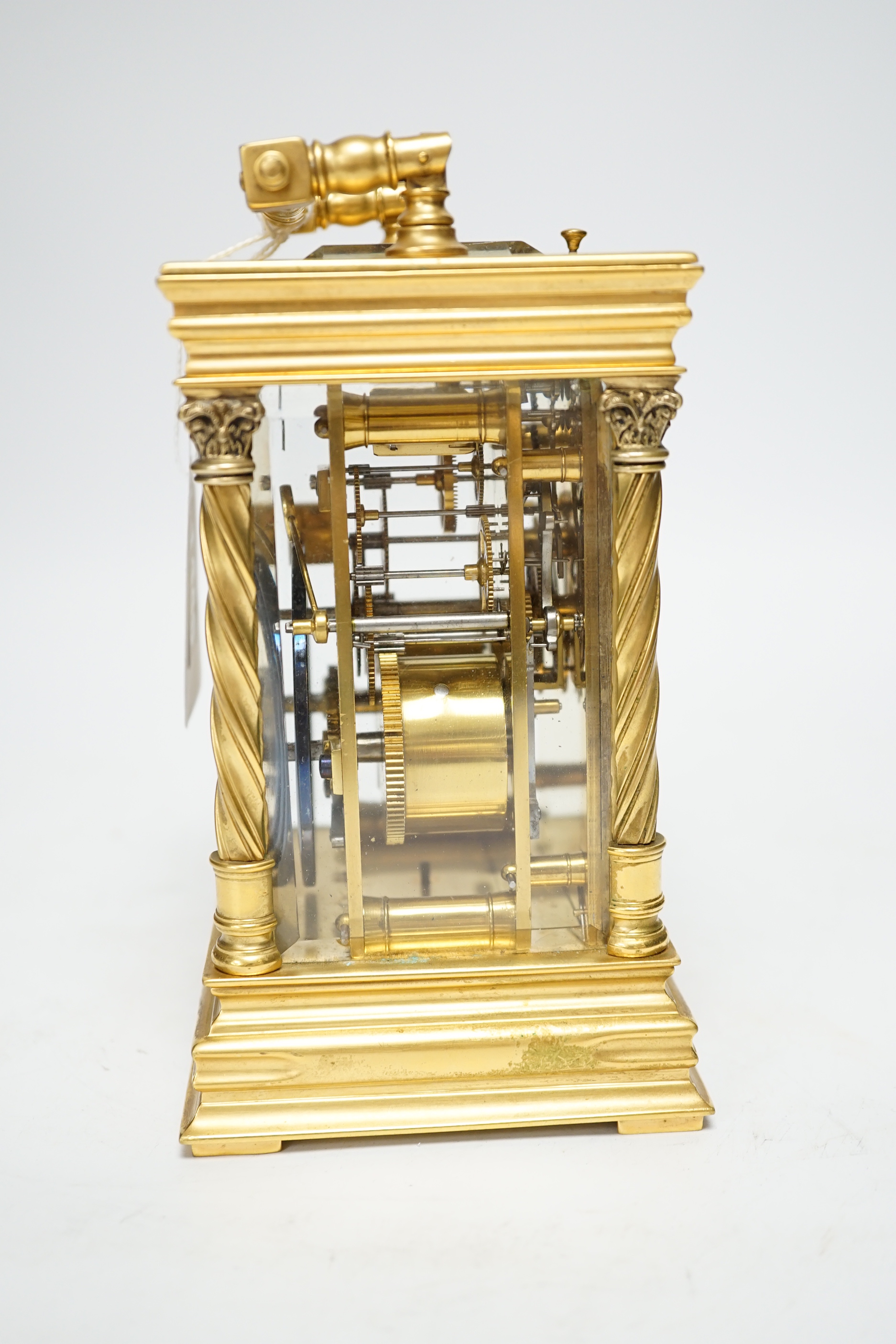 A French hour repeating silver dial carriage clock, 16.5cm high